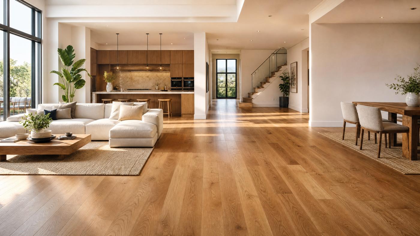 Hardwood flooring in a finished living room